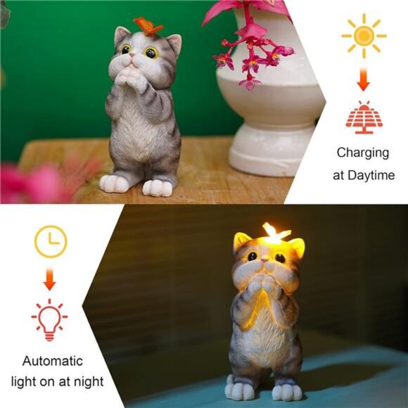 Garden Outdoor Decor Cat Statue with Solar Butterfly Light Cat Garden Decor - Picture 6 of 7